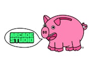 a pink piggy bank with a speech bubble that says arcade studio