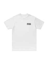 a white t - shirt with a black logo on it